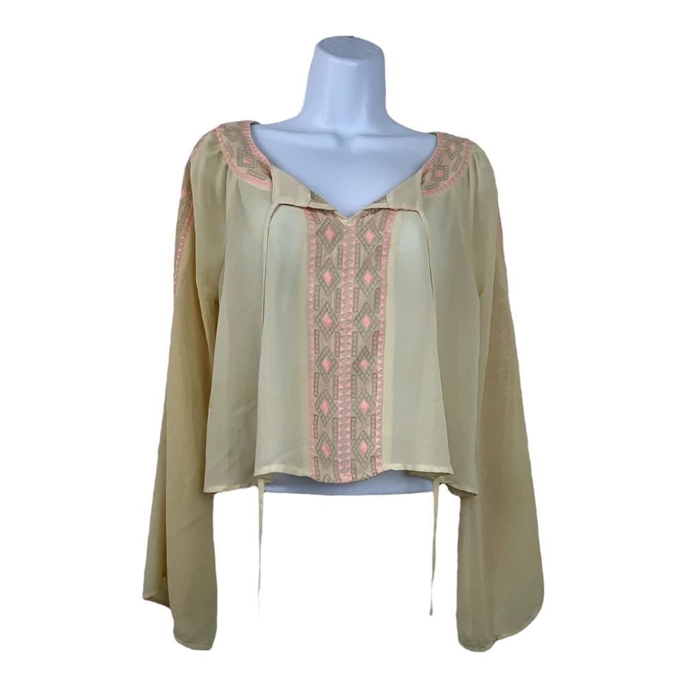 Blu Pepper Dark Beige‎ Sheer Embroidered Long Sleeve Cropped Blouse Sz S
